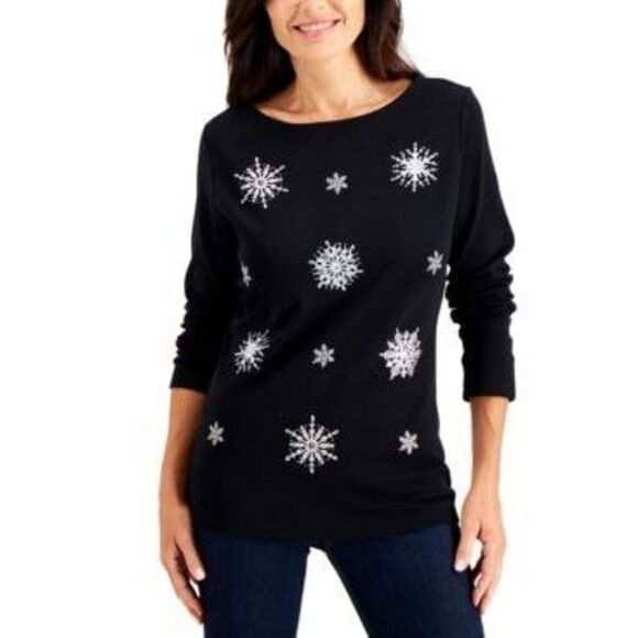 Karen Scott Womens Christmas Top Snowflake Festive - Deep Black - Picture 1 of 1